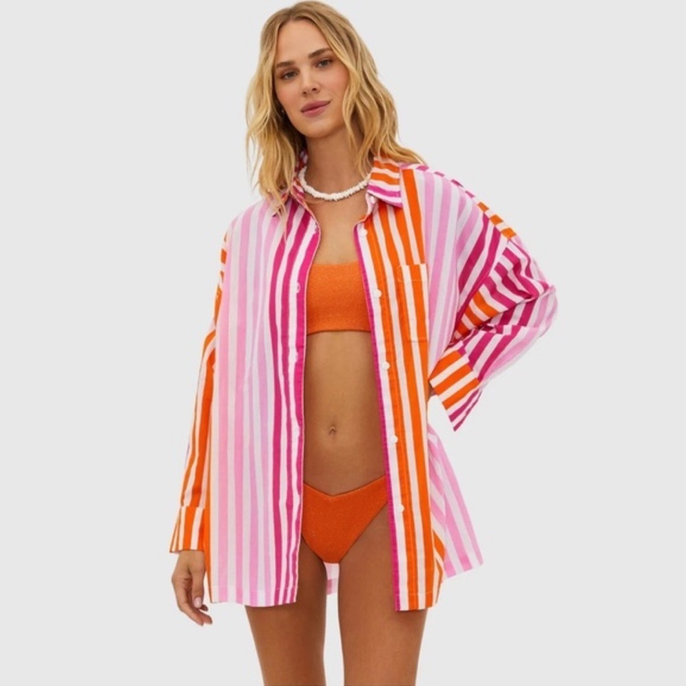 Beach Riot Pink and Orange Striped Button Down Shirt